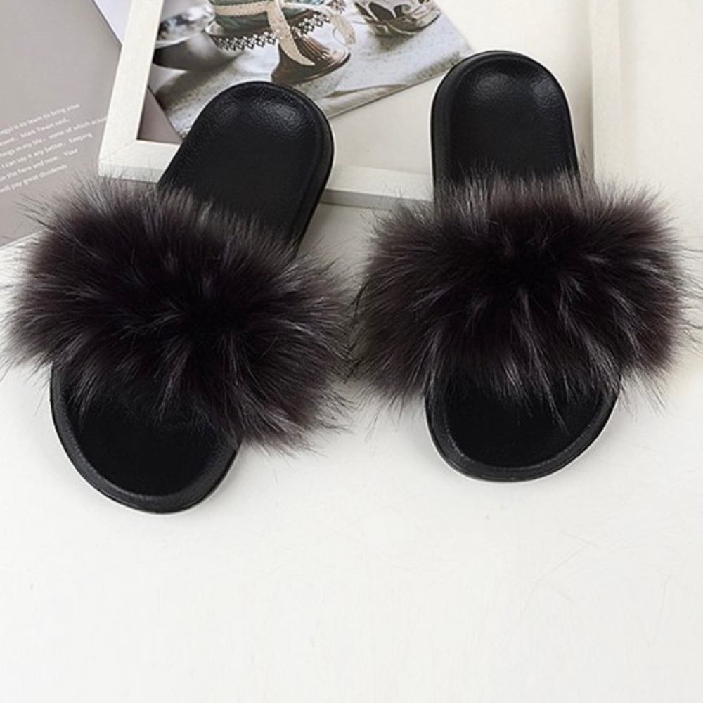 Charcoal and Black Fuzzy Faux Fur Slides Size 40/41 (fits US 8)